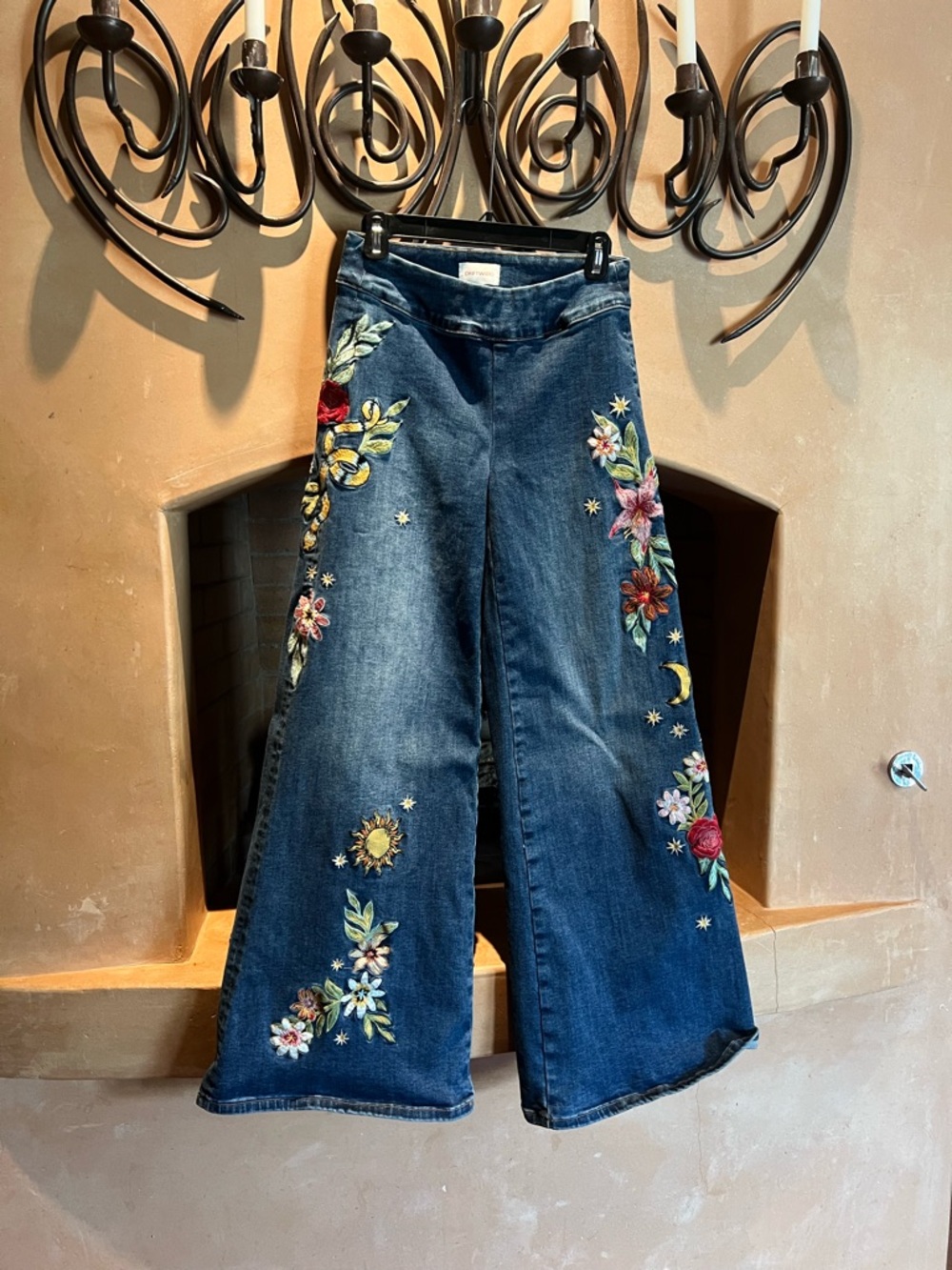 Driftwood Embroidered Wide-Leg Blue Jeans for Women - Floral & Celestial Detail